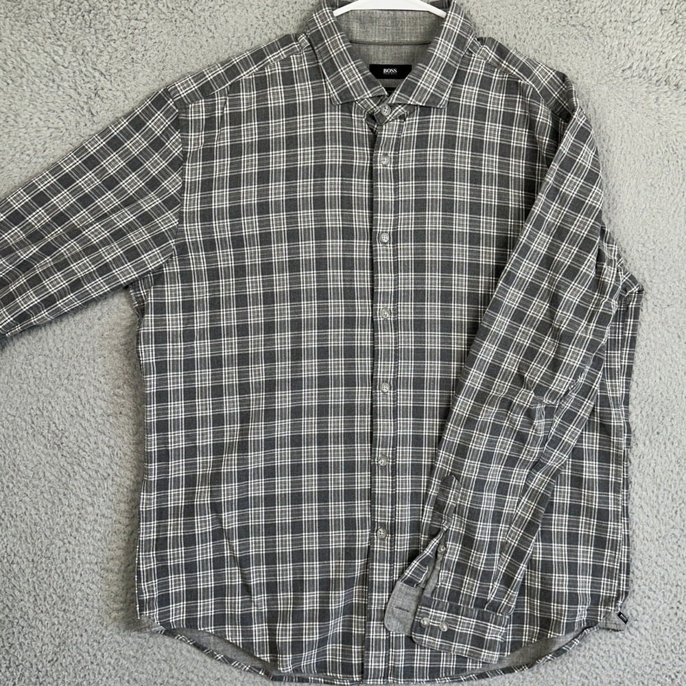 Hugo Boss Shirt Mens 2XL Grey White Slim Fit Button Up Plaid Casual Long Sleeve‎